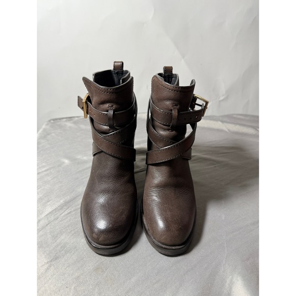 Tory Burch Shoes - Tory Burch Brown Leather Buckle Strap Block Heel Ankle Boots Women's 5.5